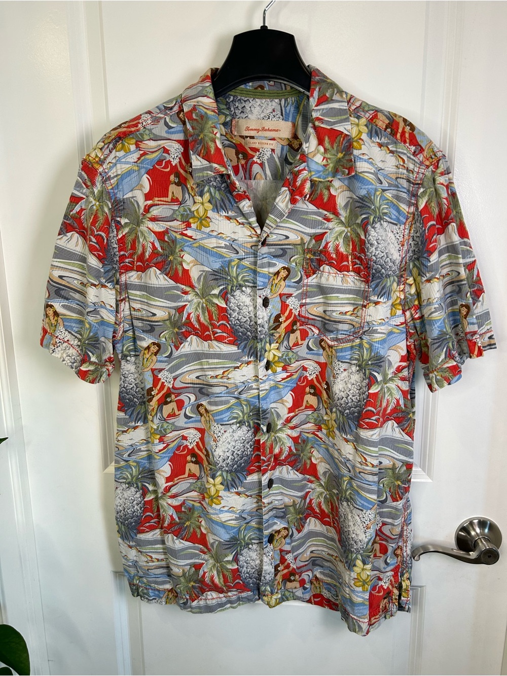 Tommy Bahama Red, Blue and White Hawaiian Tropical Silk Blend Camp Shirt